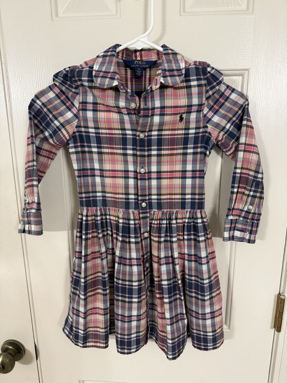 Polo Ralph Lauren Girls Multi Color Pink Blue Plaid Long Sleeve Dress 6